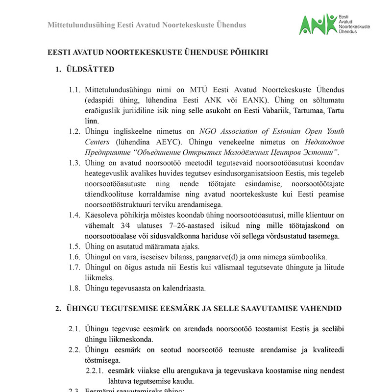 Eesti Avatud Noortekeskuste Ühenduse põhikiri