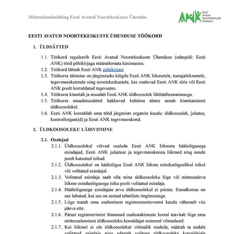 Eesti Avatud Noortekeskuste Ühenduse töökord