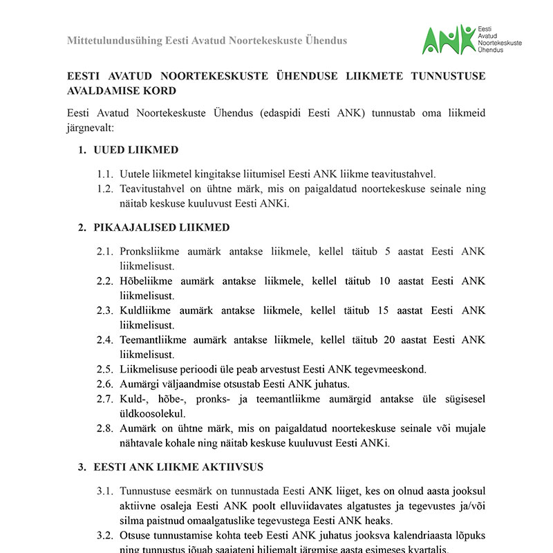 Eesti Avatud Noortekeskuste Ühenduse tunnustusstatuut